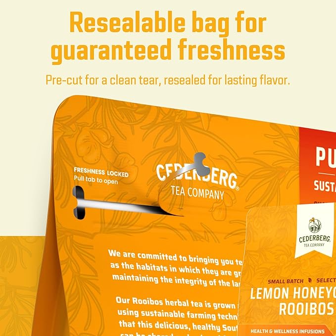 Cederberg Tea Company Lemon Honeycomb Rooibos Tea Bags - Made with Organic Red Rooibos Tea, South African Herbal Tea, Naturally Caffeine Free Tea, Small Batch - Select Blend Non-GMO, Premium Leaf, Antioxidant-Rich, 100 Count