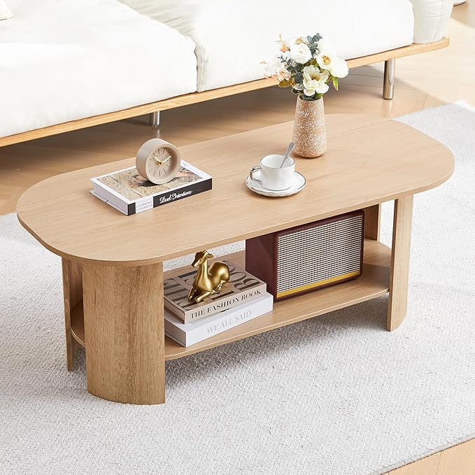 43.3” Oval Coffee Tables for Living Room, Wood Farmhouse Coffee Table with Storage, 2-Tier Center Table with Storage Shelf Low Tea Table for Small Space, Home, Office (Natural)
