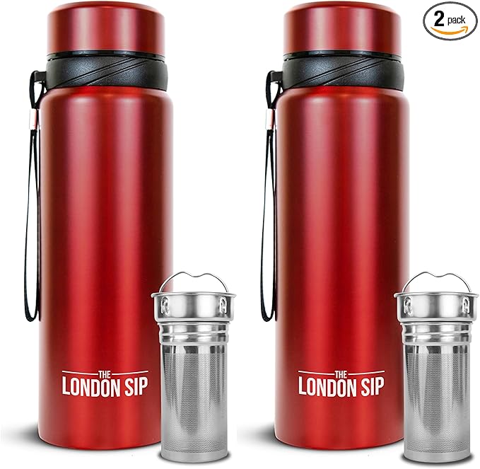 London Sip 25 oz Multi-Function Travel Mug and Tumbler Tea Infuser Water Bottle Fruit Infuser Flask Hot and Cold Double Wall Stainless Steel Coffee Thermos, Sacred Red, Pack of 2