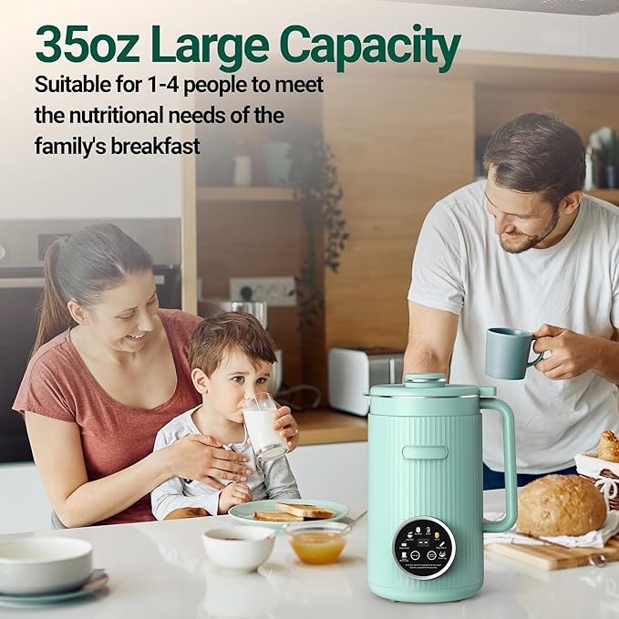 Nut Milk Maker Machine - 8 in 1 Soy Milk Maker Machine 35oz with Self-Cleaning, 18H Delay Start & 4H Keep Warm, Automatic Plant-Based Milk Blender for Almond, Oat, Coconut, Soybean - Green