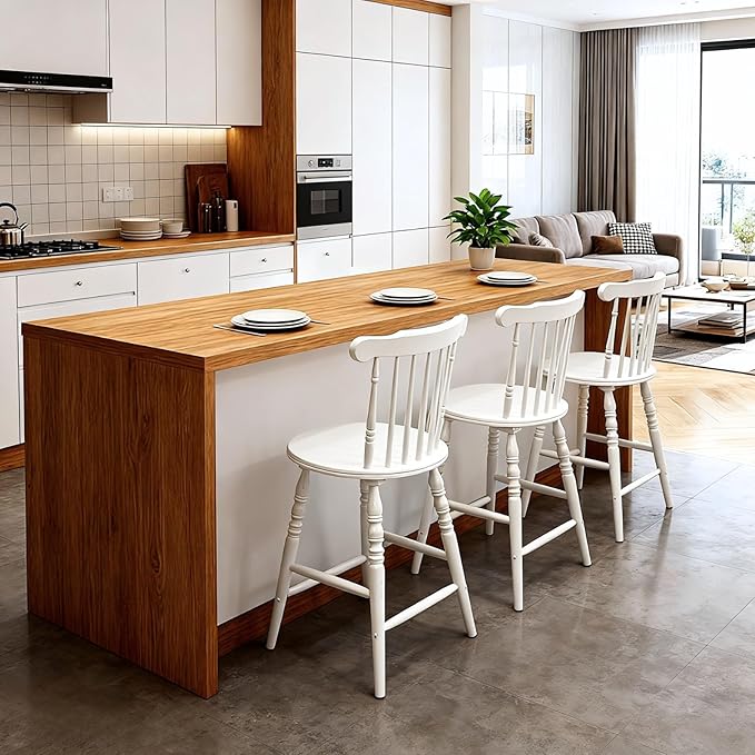 chairus 24" White Windsor Counter Height Bar Stools Set of 2, Farmhouse Wooden Counter Stools with Spindle Back & Turned Legs, Rustic Vintage Colonial Bar Chairs for Kitchen Island