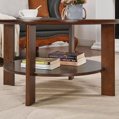 MODERION Round Tray Top Coffee Table with Storage Shelf, Farmhouse Wood Cocktail Tables, Living Room Center Tea Table-, 31.9" Dia x 17.7" H, Easy Assembly Dark Cherry Red YKFZ-D0036-DCR