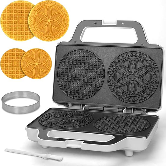 Pizzelle Maker Electric, Non-stick Stroopwafel Iron, 2 X 5" Cookie Machine for Christmas, 4" Mold Included, White