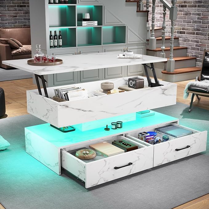 SEDETA 40" Lift Top Coffee Table, Coffee Tables with Storage for Living Room, Small Coffee Table with 2 Drawers & LED Light for Dining Reception Room, White Marble
