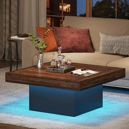 Tribesigns Coffee Table Square LED Coffee Table Engineered Wood Low Center Cocktail Tables for Living Room (Rustic Brown+Black)