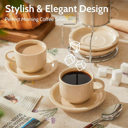 Sweese Porcelain Espresso Cups Set, 2.5 oz, Stackable with Saucers Metal Stand, Beige, 4 Pack