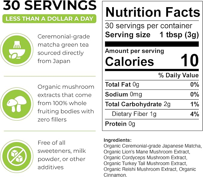 Inner Elevate Mushroom Matcha - Organic, Ceremonial-Grade Matcha Powder with 4 Superfood Mushrooms - Adaptogenic Mushroom Tea Drink with Lion's Mane, Cordyceps, Turkey Tail, Reishi (30 Servings)