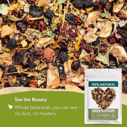 Linden & Raspberry Herbal Tea Loose Leaf – Fruity Tea with Raspberry Leaf & Fruit, Lemon Balm & Elderflower – No Caffeine – Naturally Calming Herbal Teas – 4oz.