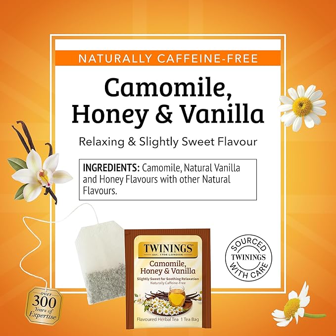 Twinings Honey and Vanilla Herbal Camomile Individually Wrapped Teabags, Soothing, Slightly Sweet & Naturally Caffeine-Free, 20 Count (Pack of 6), Enjoy Hot or Iced