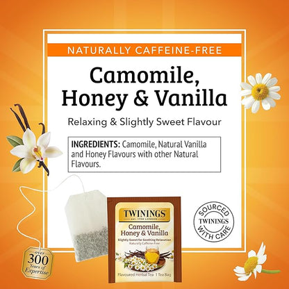 Twinings Honey and Vanilla Herbal Camomile Individually Wrapped Teabags, Soothing, Slightly Sweet & Naturally Caffeine-Free, 20 Count (Pack of 6), Enjoy Hot or Iced