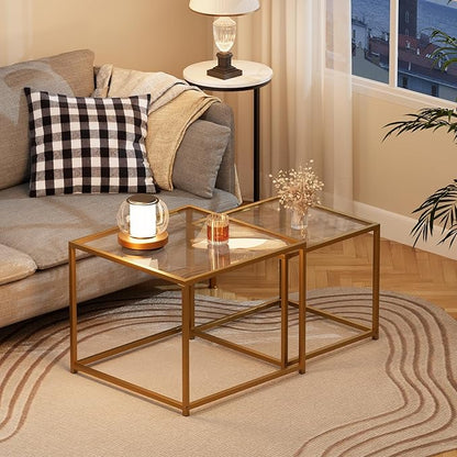 Glass Coffee Table Gold,Nesting Tables Set of 2, Minimalist Coffee Side End Tables for Small Spaces, Sofa Side Tea Coffee Table with Metal Frame for Home, Office, Space-Saving