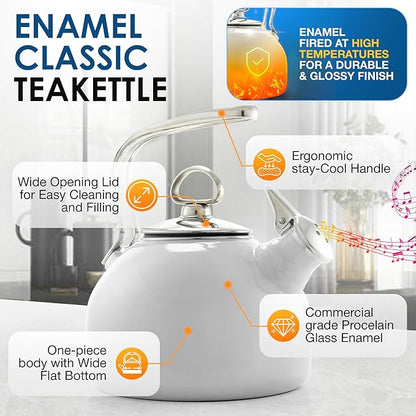 Chantal Classic Teakettle, 1.8 QT, Enamel On Steel, 2-Tone Harmonica Whistle, Rapid Boil and Even Heating (White)