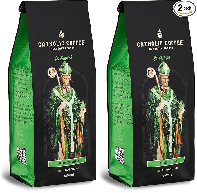 Catholic Coffee St. Patrick | Irish Cream Flavored Medium Roast Whole Bean Coffee – Semi-Sweet Chocolate Notes | 12oz Bag – Catholic Gift with a Taste of Ireland (Pack of 2)