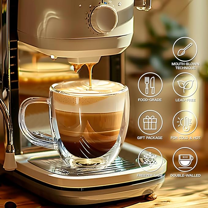 Set of 4 Double Walled Glass Coffee Mugs 3 Ounces Insulated Layer Coffee Cups with Handle Borosilicate Glass Espresso Cup for Hot Beverage,Cappuccino,Tea,Latte,Wine,Microwave Safe