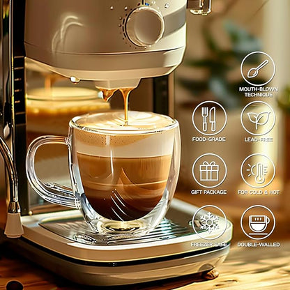 Set of 4 Double Walled Glass Coffee Mugs 3 Ounces Insulated Layer Coffee Cups with Handle Borosilicate Glass Espresso Cup for Hot Beverage,Cappuccino,Tea,Latte,Wine,Microwave Safe