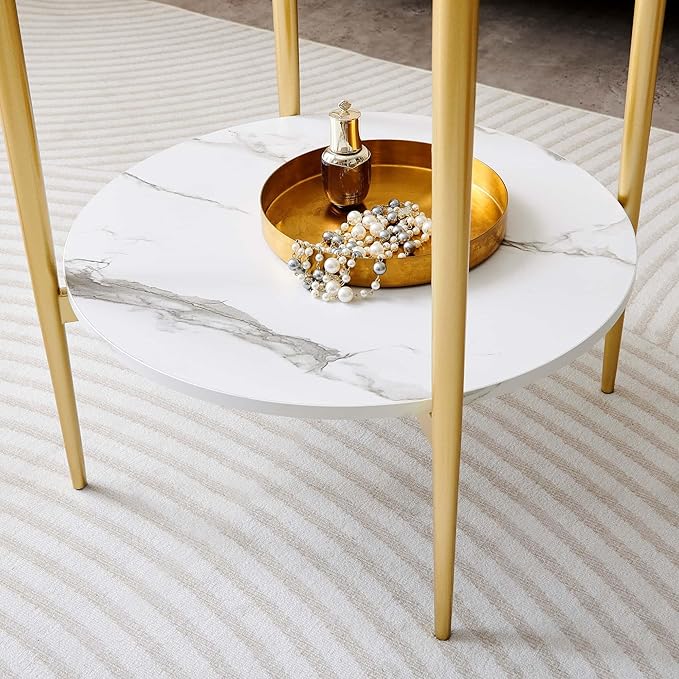 Round Glass End Table, Mid-Century Modern Design Sofa Table for Living Room, D18 x H23 in, 2-Tier Structure, Clear Glass Top and White Marble Shelf, Sleek Conical Legs with Gold Finish Frame