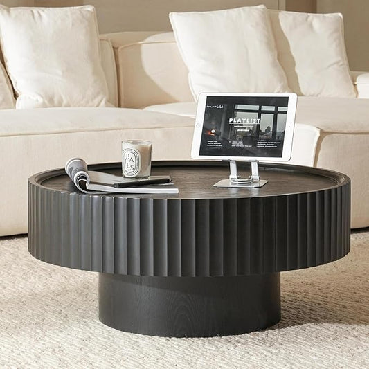 Round Wood Coffee Table - Wooden, Ribbed-Design, 30.3" Dia, 14.9" H Living Room Table, Center Table Simple Modern Style for Home Living Room Furniture (Black, 30.3''L×14.9''H)