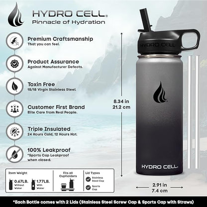 HYDRO CELL Stainless Steel Insulated Water Bottle with Straw - For Cold & Hot Drinks - Metal Vacuum Flask with Screw Cap and Modern Leakproof Sport Thermos for Adults (Graphite/Black 18oz)