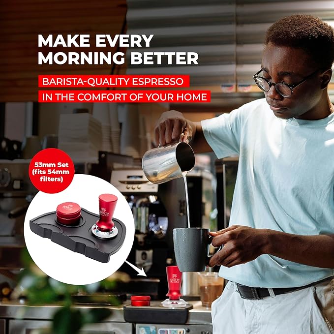 StealthActive&Co 53mm Espresso Tamper 3 in 1 Set Compatible with 54mm Filter - Spring Loaded Espresso Machine Tamper with Aluminum Handle, Espresso Distribution Tool, and Non-Slip Tamping Mat