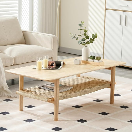 Kmax Coffee Table with Storage, Farmhouse Wood Living Room Tables Rectangular Center Table with Rope Woven/Rattan Storage Shelf for Living Room Reception - Natural Color