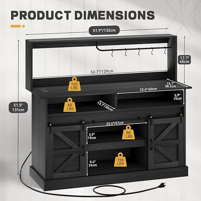 YITAHOME 52" Farmhouse Coffee Bar Cabinet with Storage, Buffet Cabinet with Goblet Holder, 5 Hooks, Power Outlets, Sideboard Cabinet with Sliding Barn Doors for Kitchen & Living Room (Black Oak)