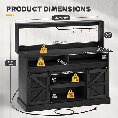 YITAHOME 52" Farmhouse Coffee Bar Cabinet with Storage, Buffet Cabinet with Goblet Holder, 5 Hooks, Power Outlets, Sideboard Cabinet with Sliding Barn Doors for Kitchen & Living Room (Black Oak)