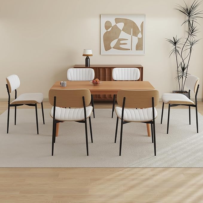 Modern PU Leather Dining Room Chairs Set of 2, Upholstered Kitchen Chairs with Curved Wood Backrest and Metal Legs Adjustable Feet for Kitchen Dining Room(White)