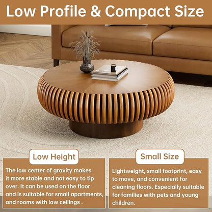 Round Coffee Table 31.4" Modern Brown Fluted Coffee Table Low Round Drum Pedestal Coffee Tables for Living Room Farmhouse (Brown 31.4in)