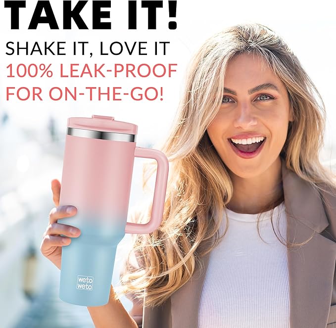 WETOWETO 40oz Tumbler with Handle | Insulated Stainless Steel Travel Mug | 34Hrs Cold & 10Hrs Hot Retention | 100% Leakproof Lid & Straw | Dishwasher Safe + Car Cup Holder Fit (Pink-Blue Gradient)