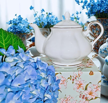 GOMMO Fine Real Bone China Teapot 30oz for Elegant Life Ceramic Tea Kettle (White-Gold)