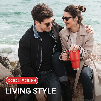 30 oz Tumbler with Handle and Lid, Stainless Steel Tumblers Bulk Double Wall Vacuum Insulated Travel Mug Leak Proof Cup Keep Drinks Cold and Hot Red, 4 Pack