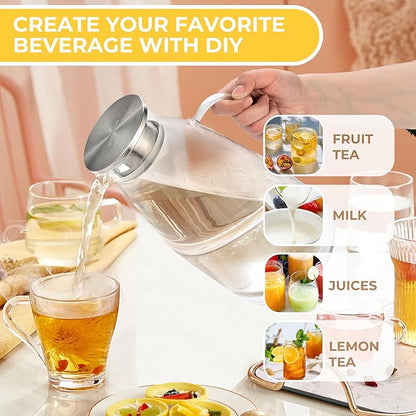 SUSTEAS 3 Liter 101 oz Glass Pitcher with Lid and Nozzle, Cold/Hot Water Glass Water Bottle, Ice Tea Water Jar for Refrigerator, Large Water Jar for Juice, Milk, Coffee or Homemade Drinks,Vase