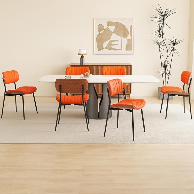 Modern PU Leather Dining Room Chairs Set of 2, Upholstered Kitchen Chairs with Walnut Bentwood Back and Metal Legs Adjustable Feet for Kitchen Dining Room(Orange)