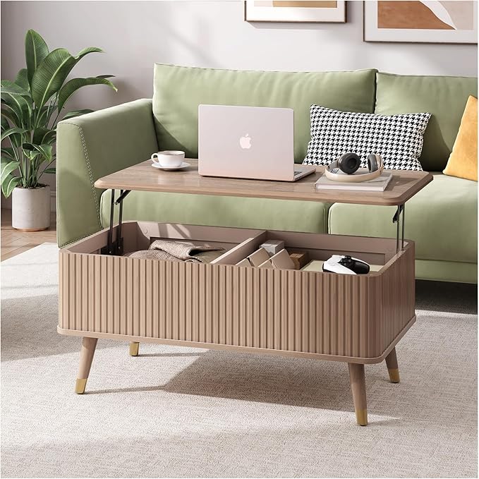 Lift Top Coffee Table with Storage Shelf & Hidden Compartment, Mid Century Modern Fluted Rectangle Dining Table for Living Room, Home Office, Natural Oak
