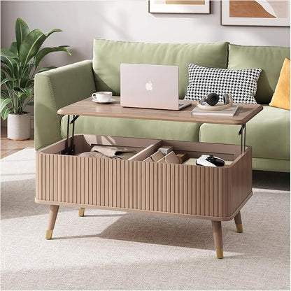 Lift Top Coffee Table with Storage Shelf & Hidden Compartment, Mid Century Modern Fluted Rectangle Dining Table for Living Room, Home Office, Natural Oak