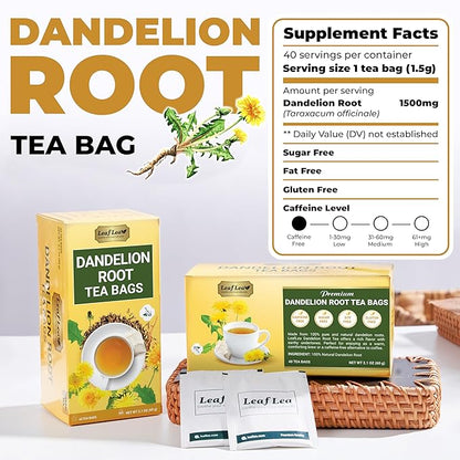 LeafLea 80 Dandelion Tea Bags, All Natural and Pure Dandelion Root Tea, Supports Digestion & Immune Health, Individually Wrapped Tea Bags, Caffeine-Free, Vegan, No Sugar, Gluten-Free, Non-GMO, 2 Pack