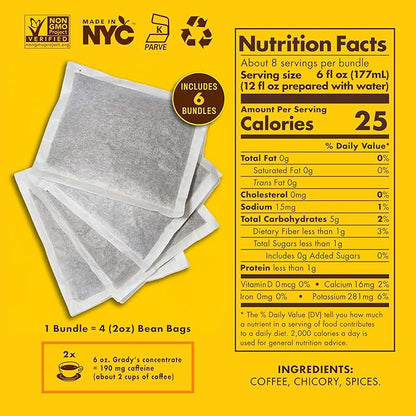 GRADY’S COLD BREW, New Orleans Style, 100% Arabica Ground Coffee & Chicory Pouches, SIX Bundles of 4 Easy-to-Brew Bean Bags, Makes 72 drinks