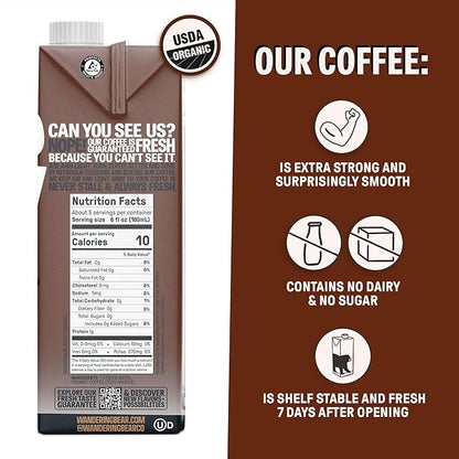 Wandering Bear Espresso Roast Organic Cold Brew Coffee, 32 fl oz, 6 pack - Extra Strong, Bold, Smooth, Unsweetened, Shelf-Stable, Ready to Drink, 100% Organic, Iced Cold Brewed Coffee Drinks