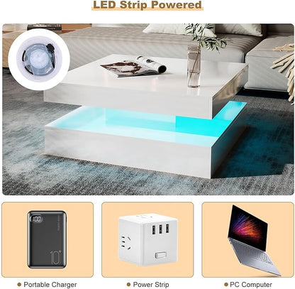 LED Coffee Table for Living Room, Living Room Table 2-Tier Square Center Table, Modern High Glossy Wood Coffee Tables with Storage, 15.7" Tall Tables for Dining Reception, White