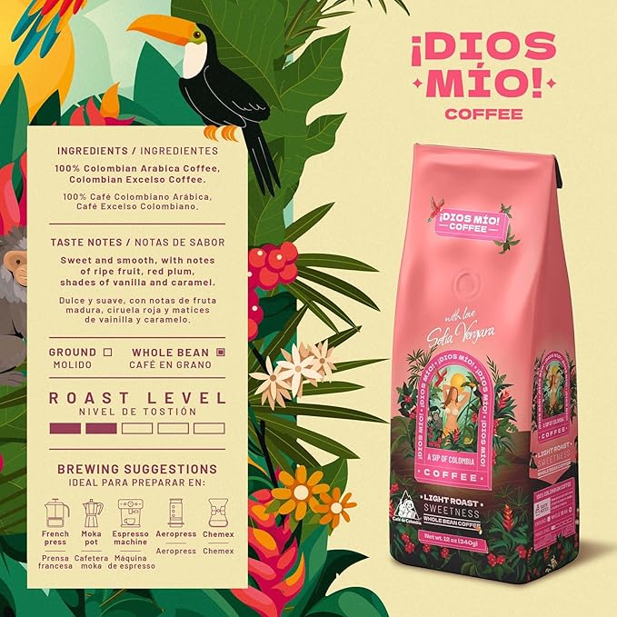 Dios Mio Coffee by Sofia Vergara, Light Roast, Whole Bean Premium Colombian Coffee, 12 Ounce Bag