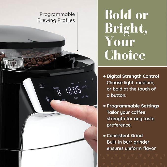 12-Cup Digital Drip Coffee Maker with Built-In Burr Grinder | Programmable Coffee Machine | Reusable Filter and Refillable Water Tank | Warming Plate with Glass Coffee Pot