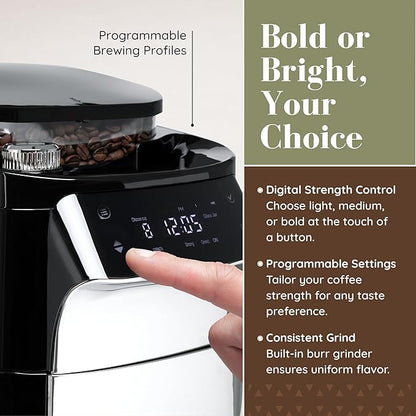 12-Cup Digital Drip Coffee Maker with Built-In Burr Grinder | Programmable Coffee Machine | Reusable Filter and Refillable Water Tank | Warming Plate with Glass Coffee Pot