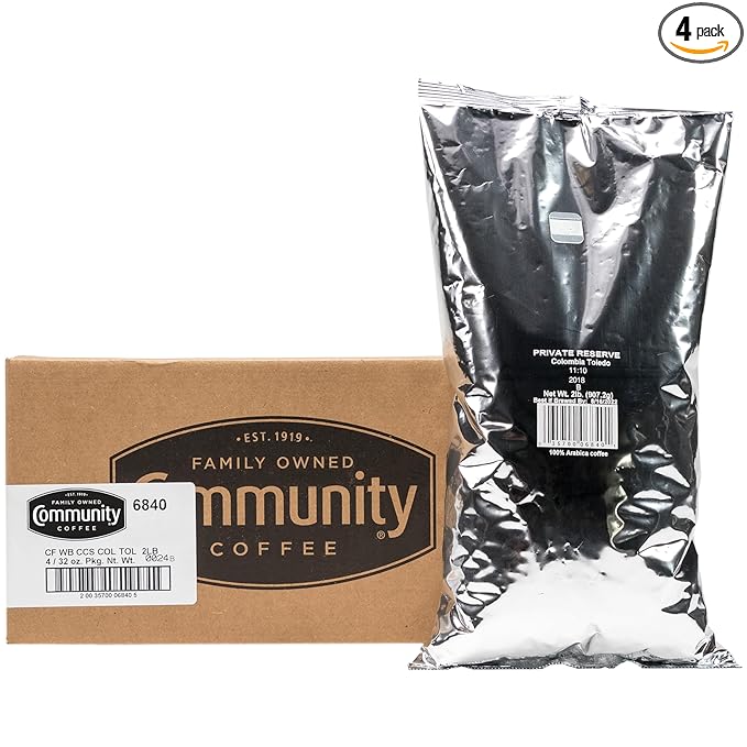 Community Coffee Private Reserve Colombia Toldeo-Labateca Whole Bean Coffee, Medium-Dark Roast, 32 Ounce Bag (Pack of 4)