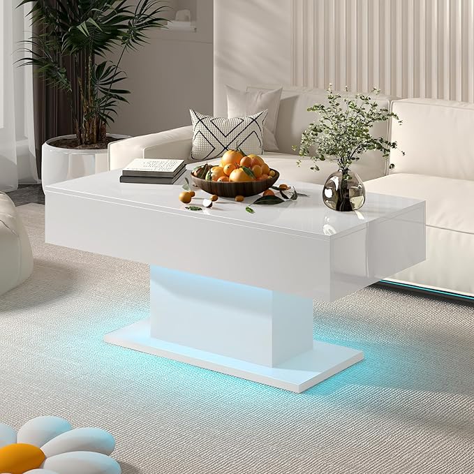 White Led Coffee Table with 2 Storage Drawers for Living Room, Living Room Table Rectangular Center Table, Modern High Glossy Wooden Coffee Tables with Lights for Dining Reception Room