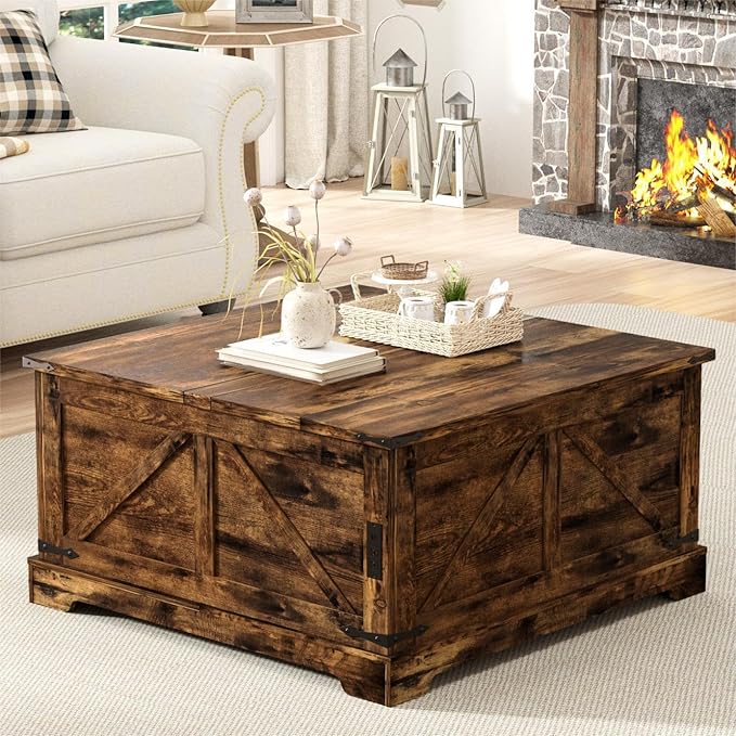 Coffee Table with Hidden Storage, 35.4" W Farmhouse Lift Top Wood Square Center Table with Charging Station, Rustic Cocktail Tables with Flip Top Lids for Living Room, Home Office, Rustic Brown