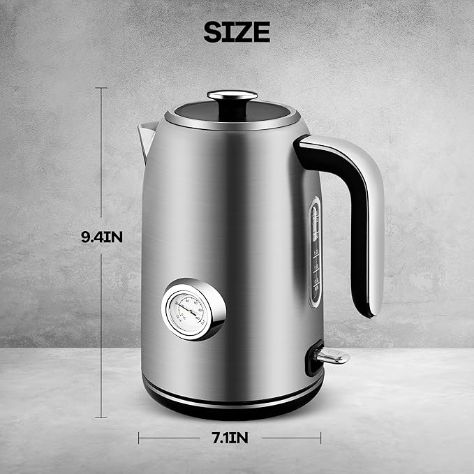 Pukomc Electric Kettle,1.7L Stainless Steel Electric tea kettle with Temperature Gauge, Fast Boiling, Auto Shut - off, BPA - Free, Boil - Dry Protection, (Silver)