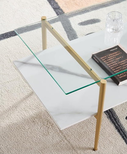 AGV LIGHTING Tadio Glass Coffee Table, Mid-Century Modern Coffee Table for Living Room, Gold Finish Leg, Clear Glass Top & Faux Marble Shelf, 41 in