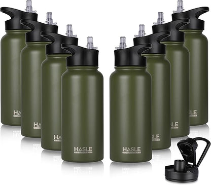 HASLE OUTFITTERS 32 oz Insulated Water Bottle Stainless Steel Double Walled Vacuum Sports Water Bottle with 2 Lids (Straw and Spout Lid) for Gym Camping Hiking(Army Green,8)