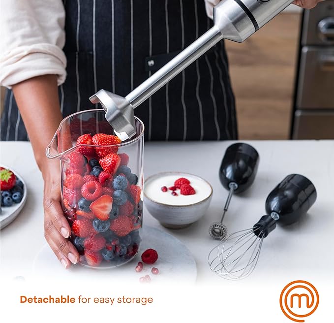 MasterChef Immersion Blender Handheld with Electric Whisk & Milk Frother Attachments, Hand Held Stainless Steel Stick Emulsifier for Making Baby Food, Soup, Puree, Cake, Cappuccino, Latte etc, 400W