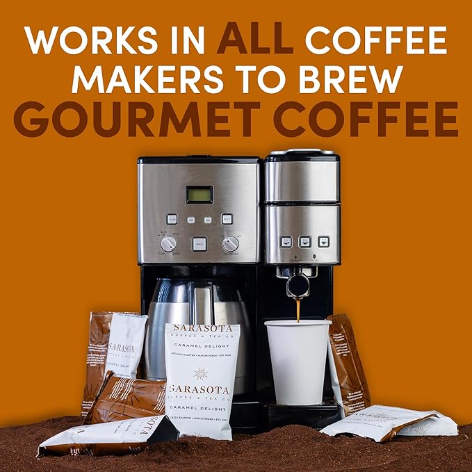 Coffee Packets – Salted Caramel Flavored Ground Coffee Packs | Gourmet Medium Roast, Low Acid Mold Free Pre-Measured Pouches for 12 Cup Brewers | 2 oz Single-Pot Bags, 36 Count – Sarasota Coffee